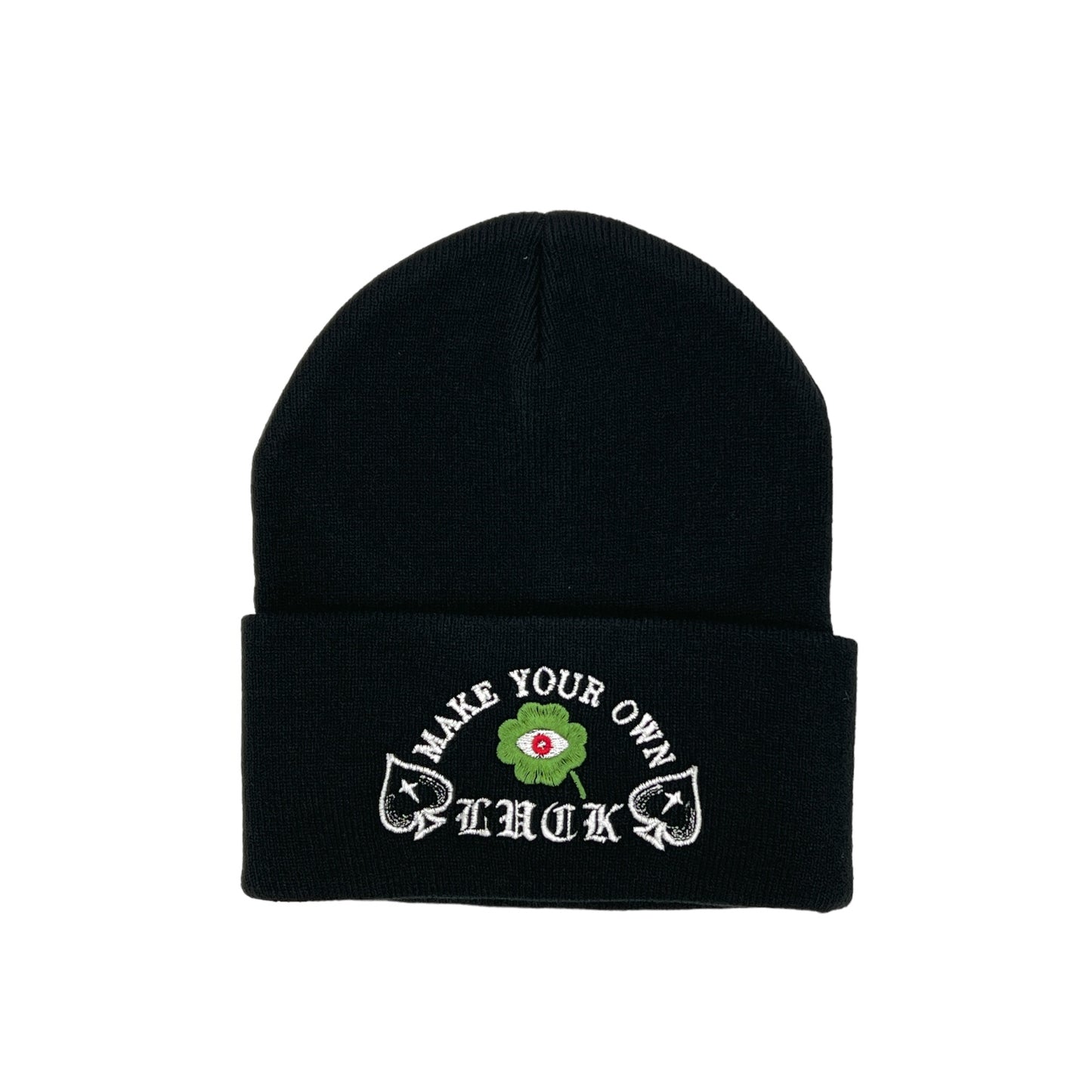 "Make Your Own Luck" Beanie 100% Hypoallergenic Acrylic. Length is approx. 12" Uncuffed